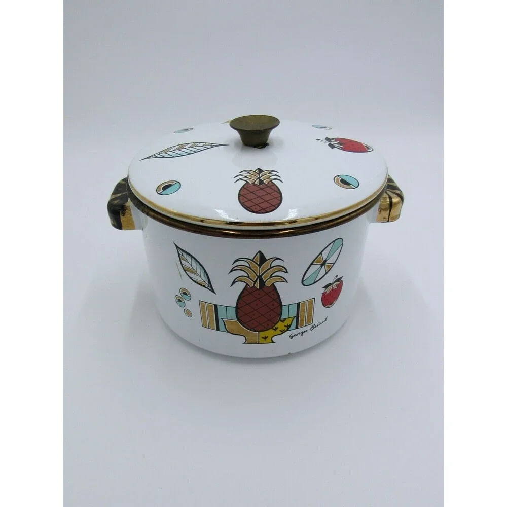 VTG MCM 2 qt Sauce Pot Georges Briard Ambrosia Pineapple Enamelware 60s Retro